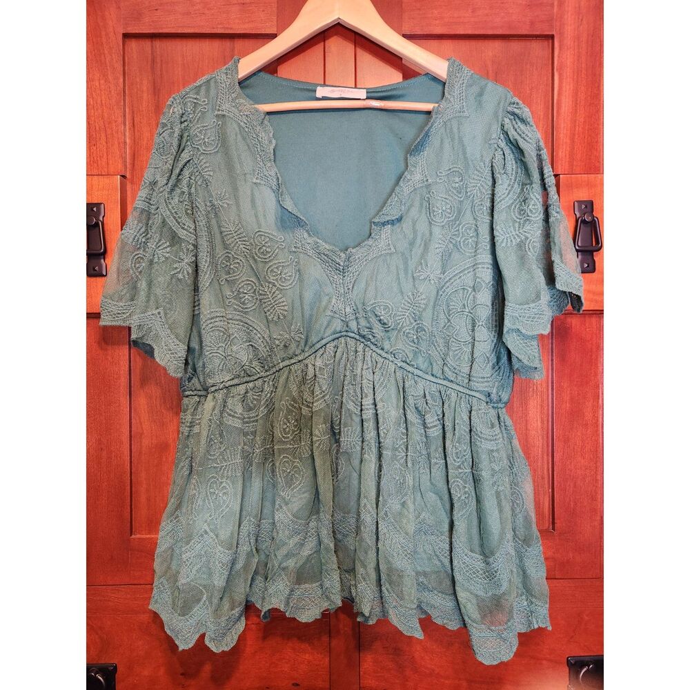 A Beautiful Soul Women's Baby Doll Lace Top Green Short Sleeves Size B/18-20